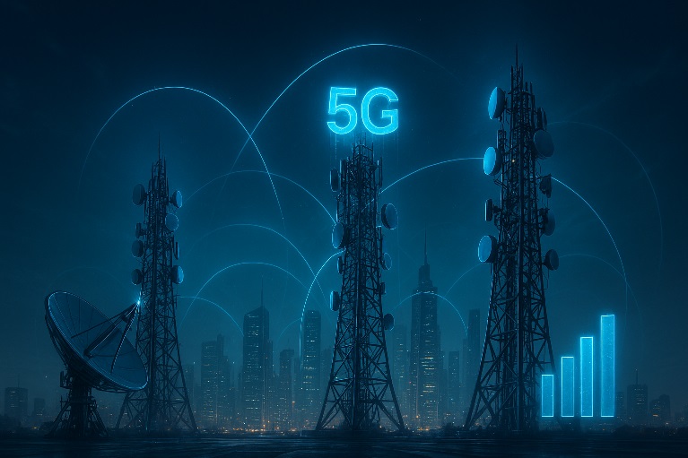 Cell Towers, and Satelite dish with a city landscape in the background